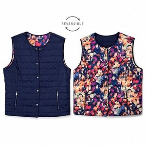 Tommy Bahama Reversible Puffer Vest Womens Large Floral Navy Quilted